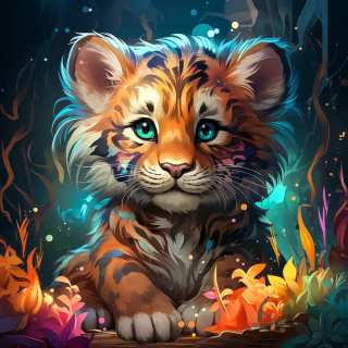Fantasy-inspired digital painting of a playful baby tiger sitting in a glowing forest scene.