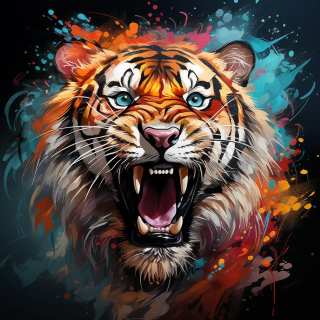 Colorful digital illustration of a roaring tiger's face with bright blue eyes, bared fangs, and splashes of orange, blue, and red paint.