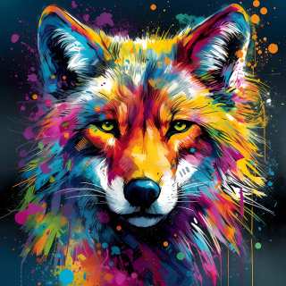 Artistic vibrant portrait of a wolf with colorful neon fur and expressive glowing eyes.