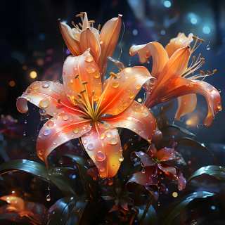 Digitally illustrated orange lily covered in glistening water droplets, glowing against a dark bokeh-lit background.
