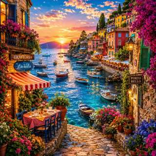 A stunning sunset view of a Mediterranean coastal village with colorful buildings, pink flowering vines, boats in a harbor, and a table set for dining on a terrace overlooking the water