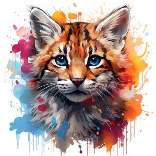 Colorful watercolor-style portrait of a baby bobcat with glowing blue eyes and vibrant splashes.