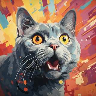 Artistic portrait of a surprised gray Chartreux cat with bright yellow eyes and energetic abstract background.
