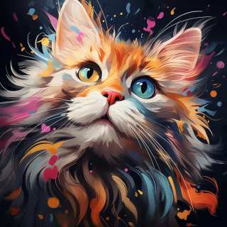 Fantasy-inspired portrait of a fluffy Bambino cat with glowing blue eyes and colorful fur details.