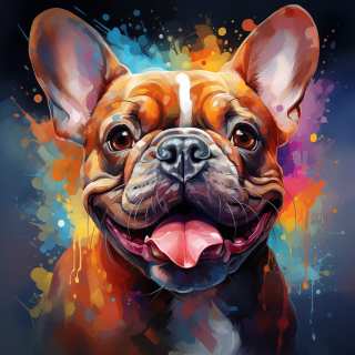 Colorful digital painting of a smiling French Bulldog with tongue out, surrounded by vibrant paint splashes and drips.