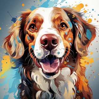 Colorful artistic portrait of a happy Brittany dog with vibrant paint splash background.