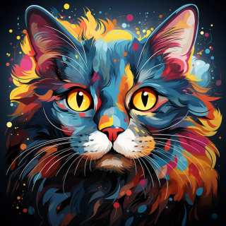 Vibrant neon-style portrait of a Brazilian Shorthair cat with glowing eyes and abstract colorful effects.