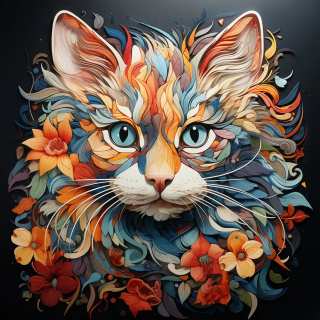 Decorative fantasy portrait of a Chantilly Tiffany cat with flowing colorful fur and floral details.