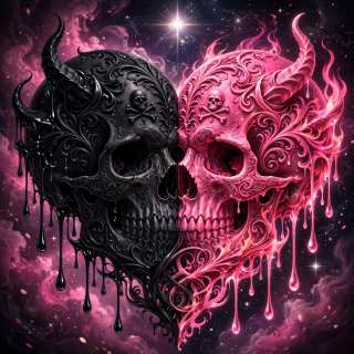 Two decorative skulls with intricate baroque patterns, one black and one pink, surrounded by cosmic nebula clouds, stars, and dripping effects