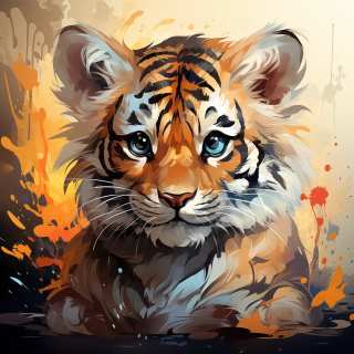 Soft artistic portrait of a baby tiger with warm orange tones and abstract paint splashes.