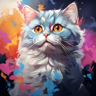 Vibrant artistic portrait of a fluffy British Shorthair cat with bright orange eyes and colorful abstract background.