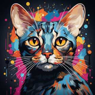 A stylized, vibrant portrait of a cat with bright blue, orange, pink, and yellow colors against a dark, splattered background.