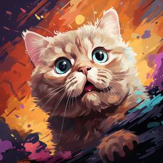 Cute digital illustration of a British Shorthair kitten with soft colorful background and expressive face.