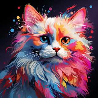 Fantasy-inspired digital painting of a fluffy Birman cat with colorful fur and glowing blue eyes.