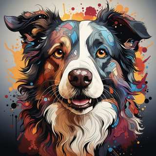Colorful digital painting of a fluffy Border Collie with expressive face and abstract background.