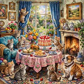 Multiple tabby kittens and a brown-and-white bulldog seated around a pink floral tablecloth enjoying an elaborate tea party with a decorated cake, fresh flowers in vases, teacups, and a fireplace in a flowered Victorian room with large windows overlooking a garden.