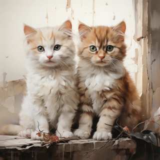 Two fluffy kittens with green eyes sit side by side on a weathered wooden ledge against a rustic backdrop.