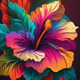 Vivid digital illustration of a hibiscus flower with magenta, orange, and cream petals surrounded by teal and red leaves.