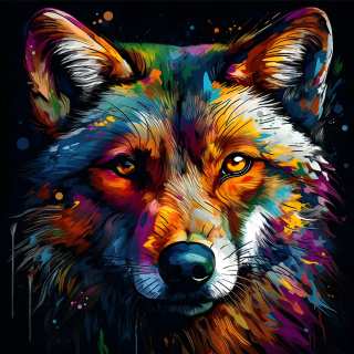 Dramatic colorful portrait of a wolf with glowing orange eyes and vibrant abstract fur details.