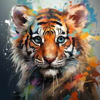 Artistic watercolor-style portrait of a baby tiger with expressive eyes and colorful abstract splashes.