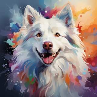 Cheerful digital portrait of a fluffy American Eskimo dog with colorful vibrant background.