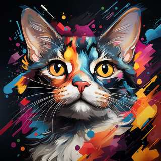 Vibrant artistic illustration of an American Wirehair cat with glowing eyes and neon abstract effects.