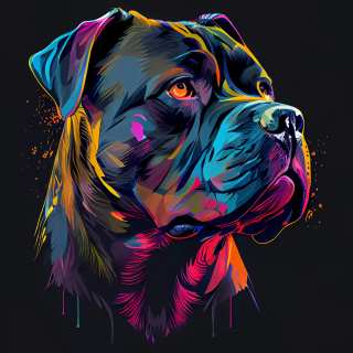 Dark dramatic digital painting of a Cane Corso with neon highlights and colorful abstract effects.
