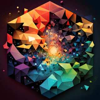 An abstract low-poly hexagon composed of colorful triangular facets fading into a starry black void at its center.