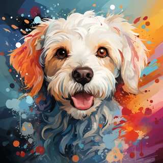 Cheerful digital portrait of a fluffy Bichon Maltese dog with colorful abstract paint splashes.