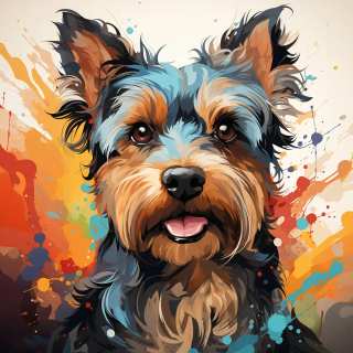 Cheerful digital portrait of a Yorkshire Terrier dog with colorful abstract paint splashes.