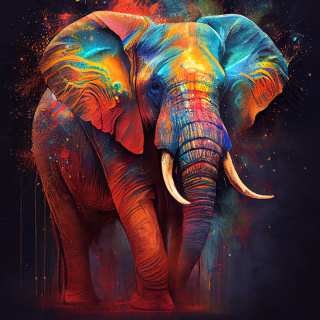 An abstract, vibrantly painted elephant stands tall, covered in a kaleidoscopic array of blues, reds, oranges, and yellows with paint splatters.