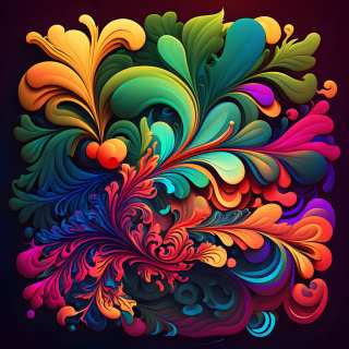 Vibrant digital illustration of swirling, feather-like floral shapes in a rainbow gradient against a deep dark background.