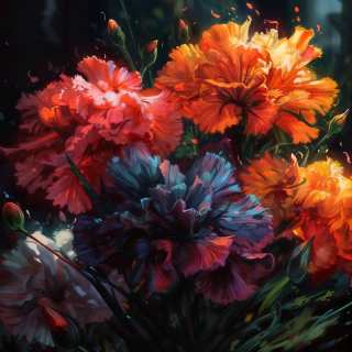 Vibrant digital painting of ruffled carnation flowers in orange, red, blue and pink hues against a dark moody background.
