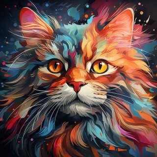 Vivid digital illustration of a fluffy cat's face with fiery orange, blue, and pink fur and glowing yellow eyes.