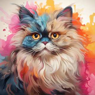 Colorful digital illustration of a fluffy Himalayan cat with bright orange eyes against a vivid watercolor splash background.