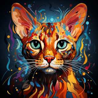 Vibrant artistic portrait of an Ocicat cat with spotted fur and colorful abstract paint splashes.