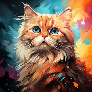 Colorful digital painting of a fluffy British Longhair cat with bright blue eyes and vibrant background.