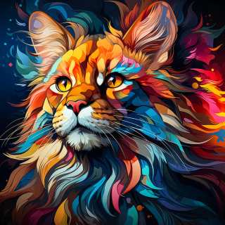 Artistic colorful illustration of a majestic Maine Coon cat with vivid fur textures and glowing eyes.