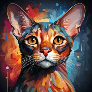 Vibrant artistic portrait of an Abyssinian kitten with large ears and colorful paint splash effects.