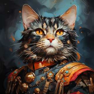 Regal portrait of a cat dressed as Napoleon Bonaparte in ornate historical military attire.