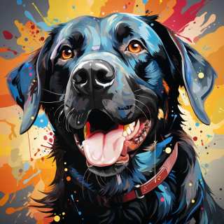 Vibrant artistic portrait of a happy Black Labrador dog with colorful abstract paint splashes.