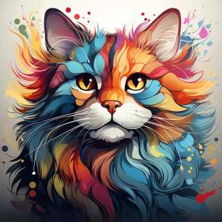 Vibrant digital illustration of a cat's face with multicolored fur in blue, orange, pink and red hues against a splattered background.