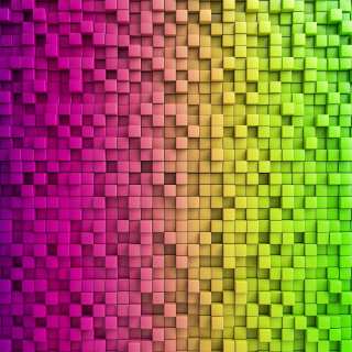 A 3D mosaic of colored cubes transitioning smoothly from magenta and pink on the left through peach and gold in the center to yellow-green and bright lime green on the right