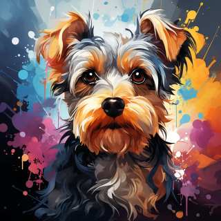 Artistic colorful illustration of a Yorkshire Terrier puppy with fluffy fur and bright abstract background.