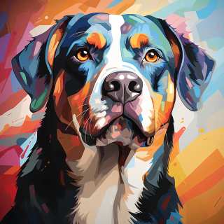 Colorful digital illustration of a Greater Swiss Mountain Dog's face rendered in bold, vibrant abstract colors against a geometric backdrop.