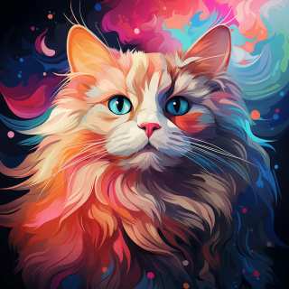 Vibrant portrait of a fluffy Ragdoll cat with glowing blue eyes and colorful abstract fur details.