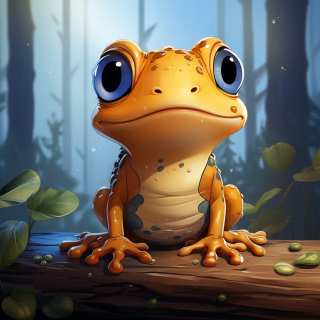 Cute fantasy-style digital illustration of a baby toad with large blue eyes in a forest setting.