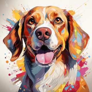 Bright artistic illustration of a smiling Beagle with vivid colorful abstract background.