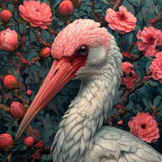 puzzle Stork Among Coral Peonies