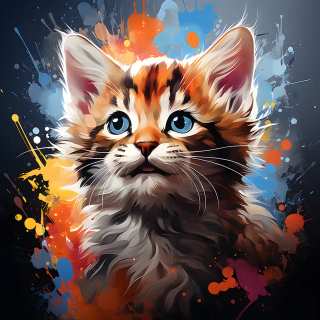Artistic digital portrait of a fluffy baby bobcat kitten with colorful abstract paint splashes.
